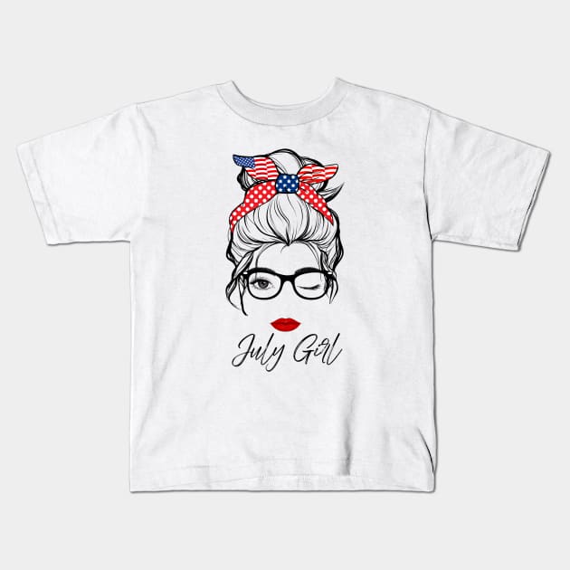 July Girl Fourth of July Wink Eye Face Lady Girls Birthday Kids T-Shirt by springins